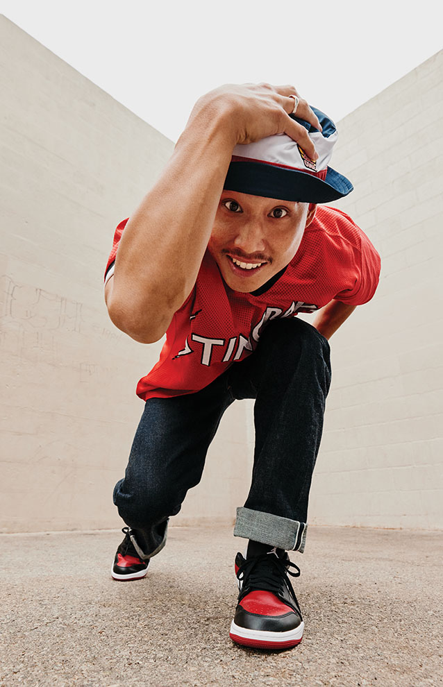 a person in a red shirt and hat