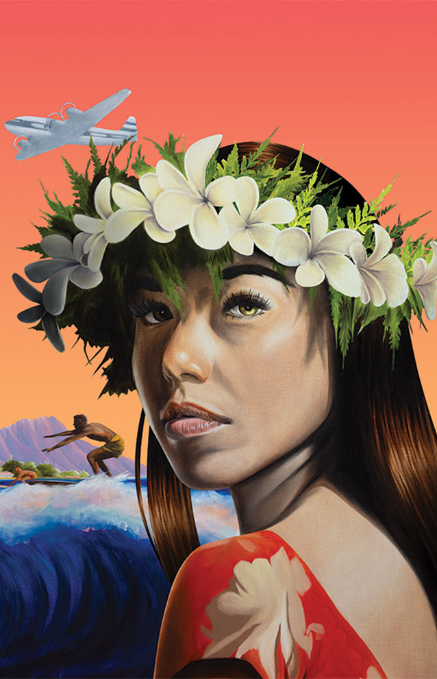 A woman in a flower crown gazes at a plane flying above her