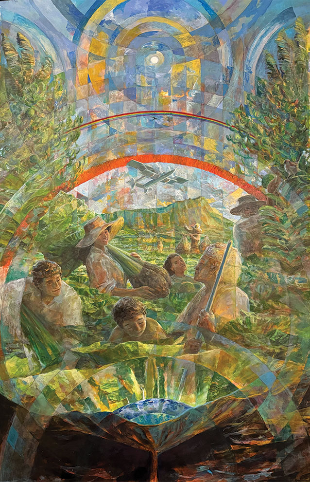 Colorful painting depicting people in a dense jungle, with a bright rainbow adding charm to the lively scene.