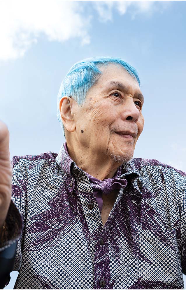 a photo of a person with blue hair