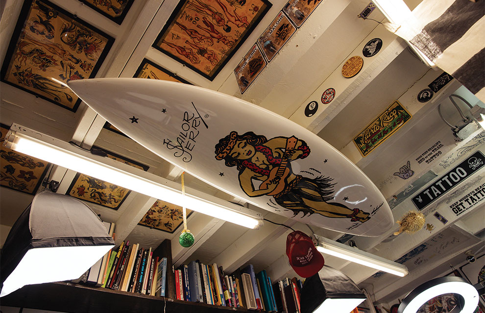surfboard suspended onto the ceiling