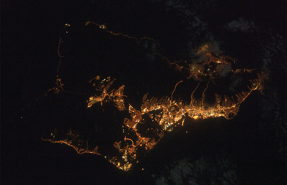 aerial photo of an island at night